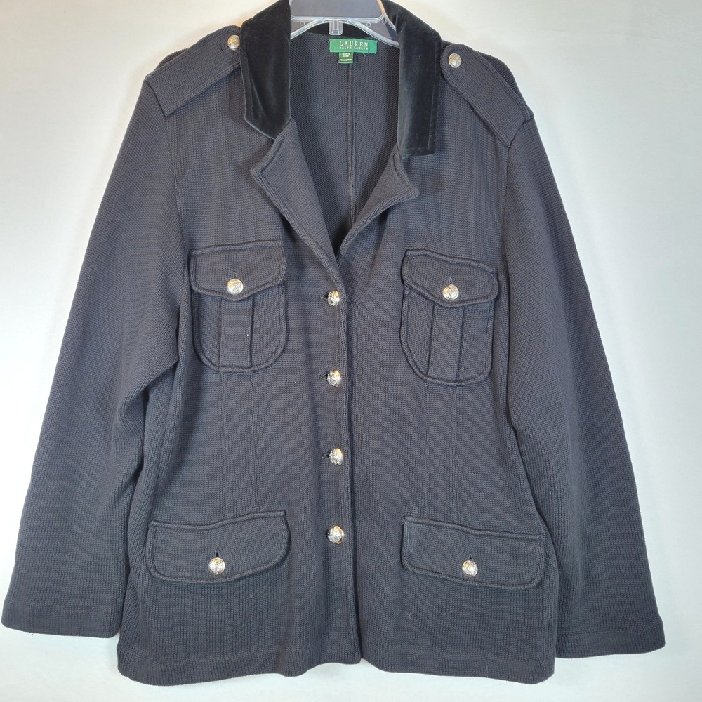 Lauren Ralph Lauren Womens Knit Military Sweater Jacket Size Large Black